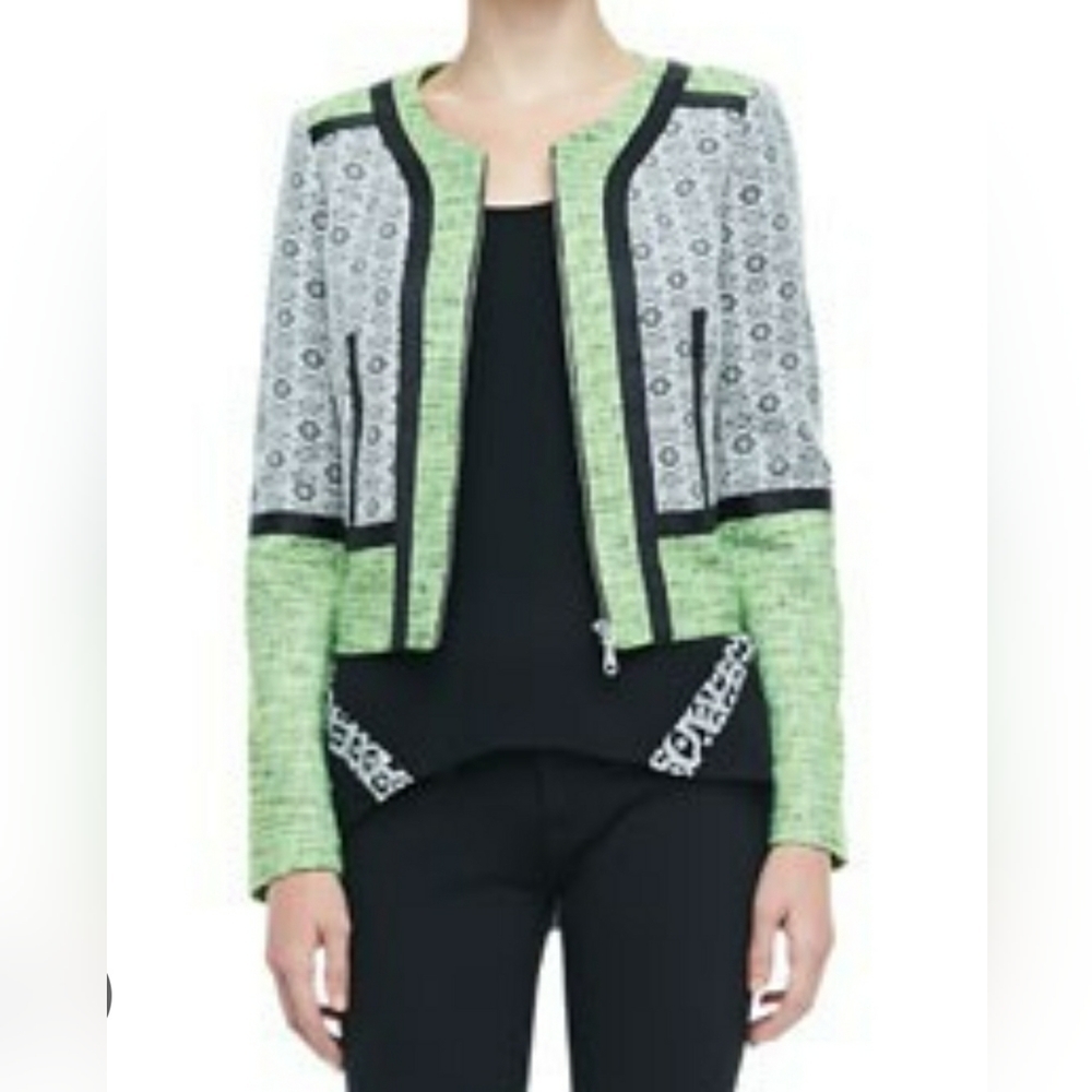 Rebecca Minkoff  Payton Travel Tweed Collarless Jacket, Neon Green/Black, Size 2 - Picture 7 of 16